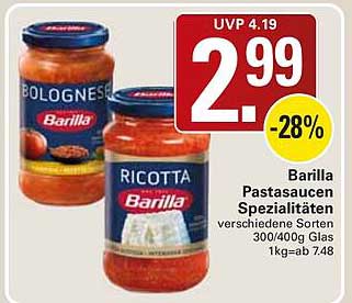 Barilla Pastasaucen Spezialitäten verschiedene Sorten 300/400g Glas 1kg ab 7.48