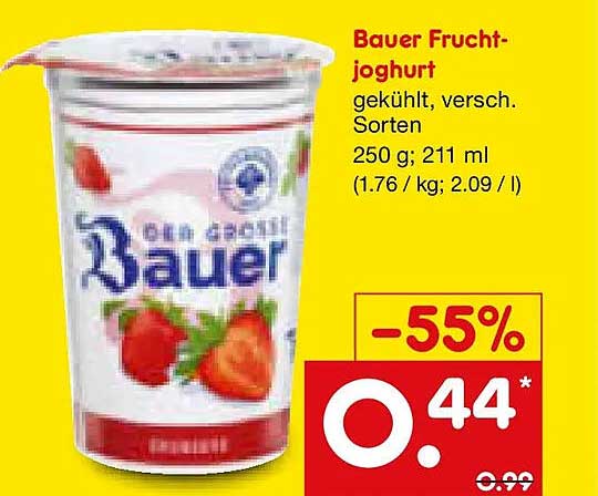 Bauer Frucht-joghurt gekühlt, versch. Sorten 250 g; 211 ml (1.76 / kg; 2.09 / l)