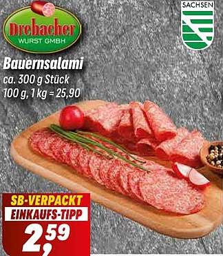 Bauernsalami ca. 300 g Stück 100 g, 1 kg = 25,90