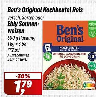 Ben's Original Kochbeutel Reis verschied. Sorten oder Ebly Sonnen-weizen 500 g Packung 1 kg = 3,58