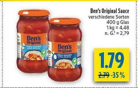 Ben's Original Sauce verschiedene Sorten 400 g Glas 1kg = 4,48 n. G1 = 2,79