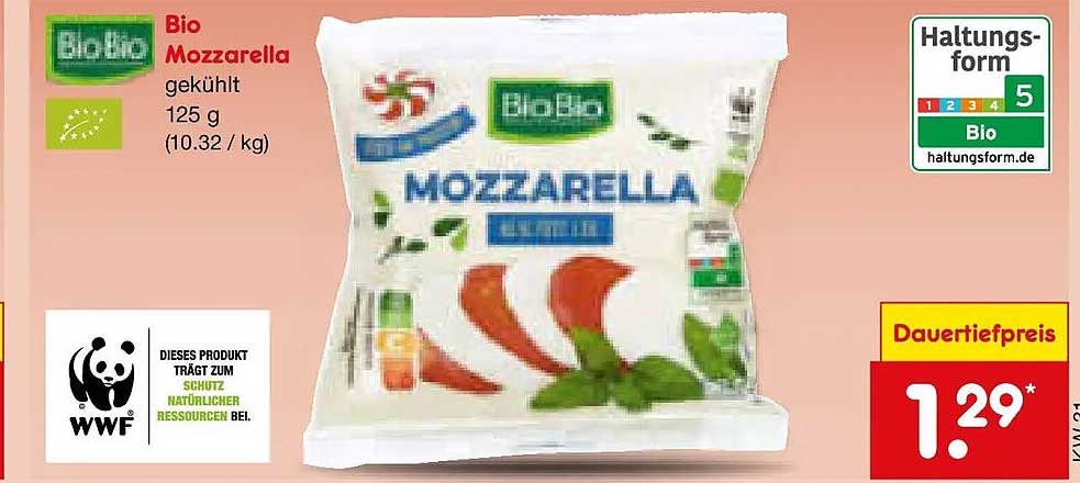 Bio Mozzarella gekühlt 125 g (10.32 / kg)