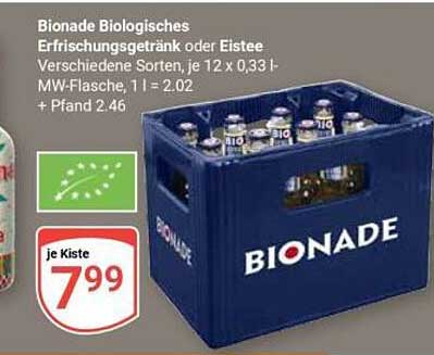 Bionade Biologisches Erfrischungsgetränk oder Eistee Verschiedene Sorten, je 12 x 0,33 l - MW-Flasche, 1 l = 2.02 + Pfand 2.46