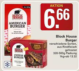 Block House Burger verschiedene Sorten, aus Rindfleisch gefrostet 320-500g Packung 1kg-ab 13.32