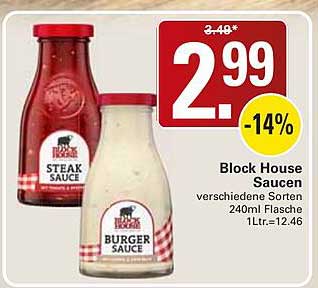 Block House Sauce verschiedene Sorten 240ml Flasche 1Ltr.=12,46