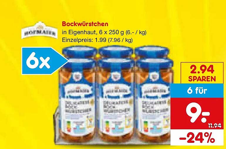 Bockwürstchen in Eigenhaut, 6 x 250 g (6.- / kg)