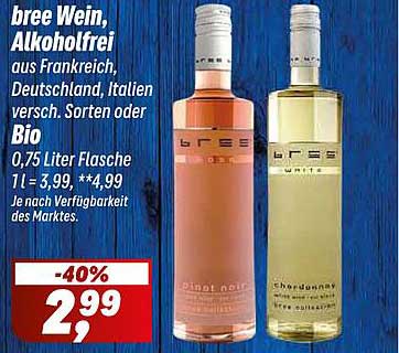 bree Wein, Alkoholfrei aus Frankreich, Deutschland, Italien versch. Sorten oder Bio 0,75 Liter Flasche 1 l = 3,99 •*4,99 Je nach Verfügbarkeit des Marktes.