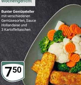 Bunter Gemüseteller mit verschiedenen Gemüsesorten, Sauce Hollandaise und 3 Kartoffeltaschen