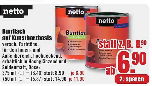 Buntlack auf Kunstharzbasis versch. Farbtöne, für den Innen- und Außenbereich, hochdeckend, erhältlich in Hochglänzend und Seidenmatt, Dose: 375 ml (1 l = 18.40) statt 8.90 je 6.90 750 ml (1 l = 15.87) statt 14.90 je 11.90