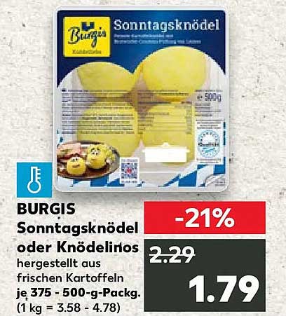 BURGIS Sonntagsknödel oder Knödelinos hergestellt aus frischen Kartoffeln je 375 - 500-g-Packg. (1 kg = 3.58 - 4.78)