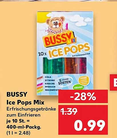 BUSSY Ice Pops Mix Erfrischungsgetränke zum Einfrieren je 10 St. = 400-ml-Packg. (1 l = 2.48)