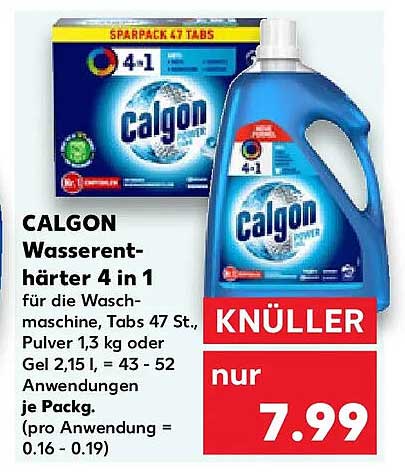 CALGON Wasserenthärter 4 in 1 für die Waschmaschine, Tabs 47 St., Pulver 1,3 kg oder Gel 2,15 l