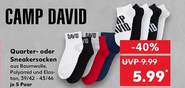 CAMP DAVID Quarter- oder Sneakersocken aus Baumwolle, Polyamid und Elastan, 39/42 - 43/46 je 5 Paar