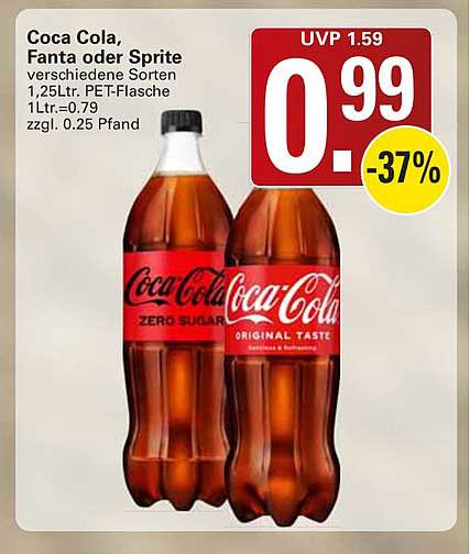 Coca Cola, Fanta oder Sprite verschiedene Sorten 1,25Ltr. PET-Flasche 1 Ltr.=0.79 zzgl. 0.25 Pfand