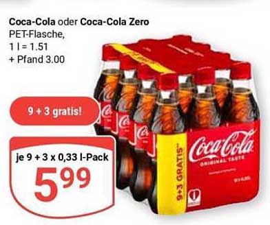 Coca-Cola oder Coca-Cola Zero PET-Flasche, 1 l = 1.51 + Pfand 3.00