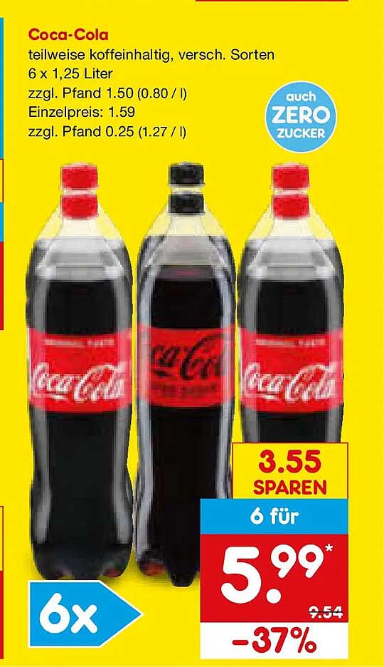 Coca-Cola teilweise koffeinhaltig, versch. Sorten 6 x 1,25 Liter