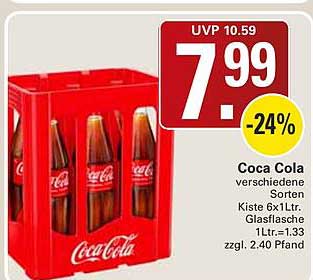 Coca Cola verschiedene Sorten Kiste 6x1Ltr. Glasflaschen 1Ltr.=1.33 zzgl. 2.40 Pfand