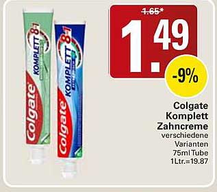Colgate Komplett Zahncreme verschiedene Varianten 75ml Tube 1Ltr.=19.87