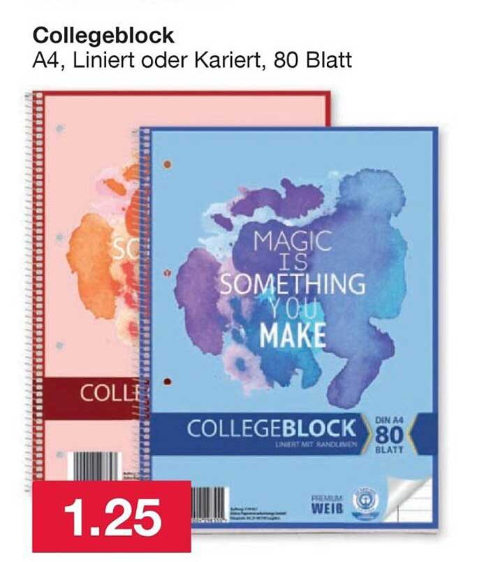 Collegeblock A4, Linert oder Kariert, 80 Blatt