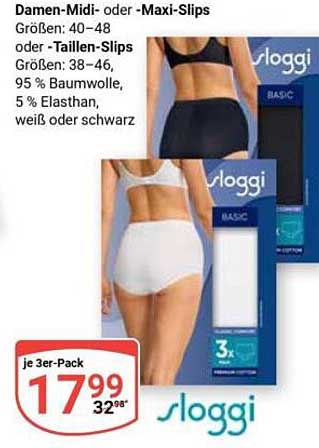 Damen-Midi- oder -Maxi-Slips Größen: 40–48 oder -Taillen-Slips Größen: 38–46, 95 % Baumwolle, 5 % Elasthan, weiß oder schwarz