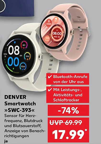 DENVER Smartwatch »SWC-393« Sensor für Herzfrequenz, Blutdruck und Blutsauerstoff, Anzeige von Benachrichtigungen