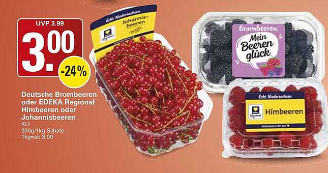 Deutsche Brombeeren oder EDEKA Regional Himbeeren oder Johannisbeeren Kl. I 200g/1kg Schale 1kg-ab 3.00