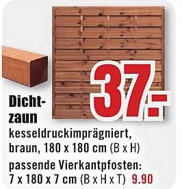 Dicht-zaun kesseldruckimprägniert, braun, 180 x 180 cm (B x H) passende Vierkantpfosten: 7 x 180 x 7 cm (B x H x T)