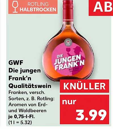 Die jungen Frank'n Qualitätswein Franken, versch. Sorten, z. B. Rotling: Aromen von Erd- und Waldbeeren je 0,75-l-Fl.