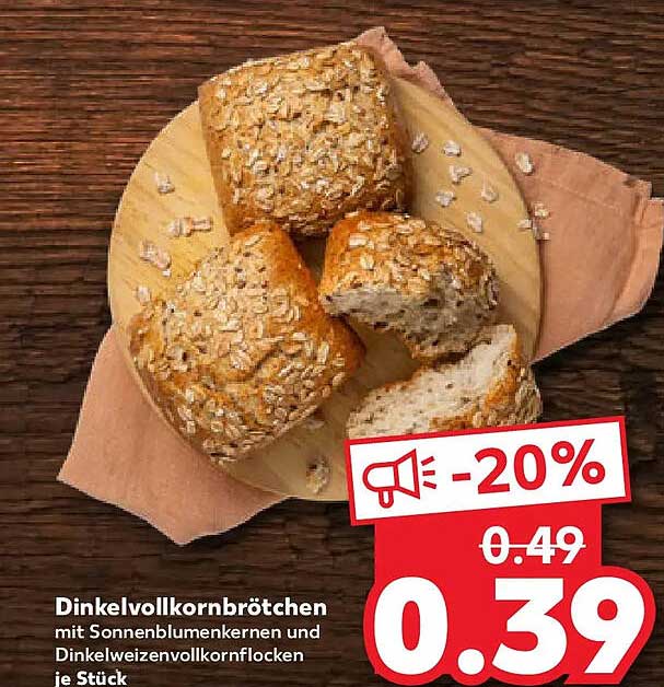Dinkelvollkornbrötchen mit Sonnenblumenkernen und Dinkelweizenvollkornflocken je Stück