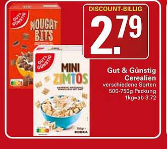 DISCOUNT-BILLIG 2.79 Gut & Günstig Cerealien verschiedene Sorten 500-750g Packung 1kg=ab 3.72