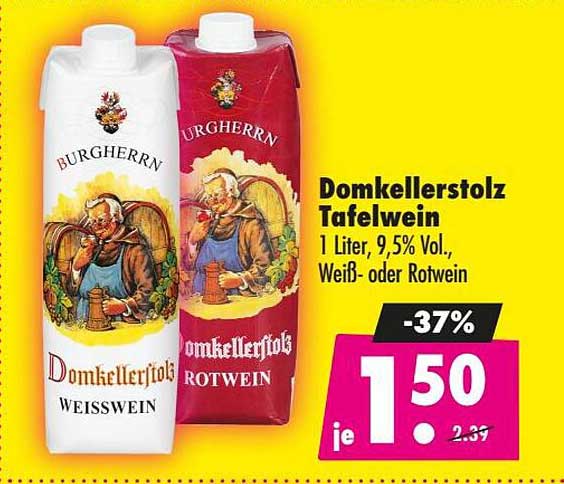 Domkellerstolz Tafelwein 1 Liter, 9,5% Vol., Weiß- oder Rotwein