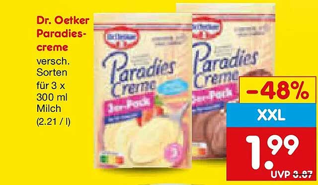 Dr. Oetker Paradies-creme versch. Sorten für 3 x 300 ml Milch (2.21 / l)