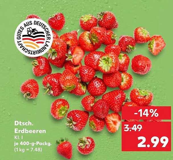 Dtsch. Erdbeeren Kl. I je 400-g-Packg. (1 kg = 7.48)