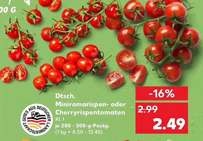 Dtsch. Minirispentomaten- oder Cherryrispentomaten Kl. I je 200 - 300-g-Packg. (1 kg = 8.30 - 12.45)