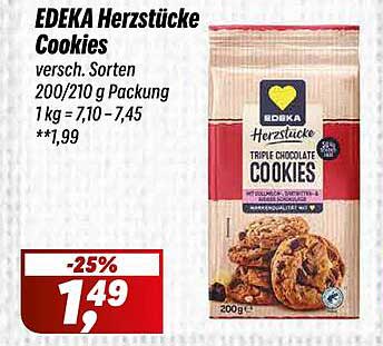 EDEKA Herzstücke Cookies versch. Sorten 200/210 g Packung 1 kg = 7,10 – 7,45 **1,99