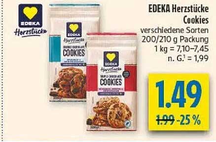 EDEKA Herzstücke Cookies verschiedene Sorten 200/210 g Packung 1 kg = 7,10–7,45 n. G. 1,99