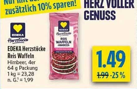 EDEKA Herzstücke Reis Waffeln Himbeer, 4er 64 g Packung