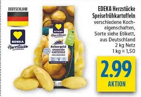 EDEKA Herzstücke Speisefrühkartoffeln verschiedene Kocheigenschaften, Sorte siehe Etikett, aus Deutschland 2 kg Netz 1 kg = 1,50