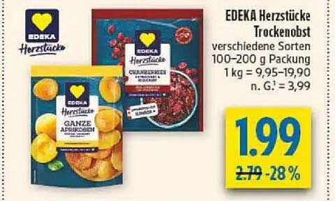 EDEKA Herzstücke Trockenobst verschiedene Sorten 100–200 g Packung 1 kg = 9,95–19,90 n. G. = 3,99