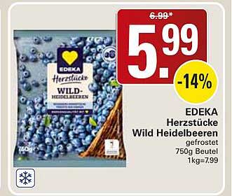 EDEKA Herzstücke Wild Heidelbeeren gefrostet 750g Beutel 1kg=7.99