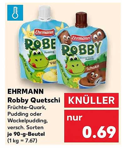 EHRMANN Robby Quetschi Früchte-Quark, Pudding oder Wackelpudding, versch. Sorten je 90-g-Beutel (1kg = 7.67)
