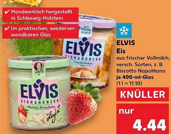 ELVIS Eis aus frischer Vollmilch, versch. Sorten, z. B. Biscotto Napolitano je 400-ml-Glas (1 l = 11.10)
