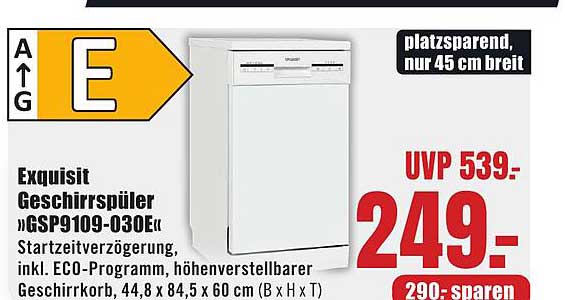 Exquisit Geschirrspüler „GSP9109-030E“ Startzeitverzögerung, inkl. ECO-Programm, höhenverstellbarer Geschirrkorb, 44,8 x 84,5 x 60 cm (B x H x T)