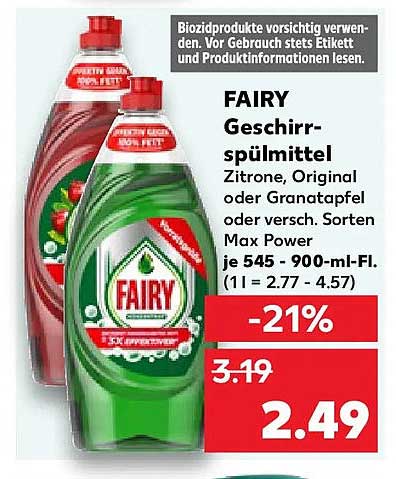 FAIRY Geschirrspülmittel Zitrone, Original oder Granatapfel oder versch. Sorten Max Power je 545 - 900-ml-Fl. (1 l = 2.77 - 4.57)