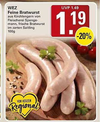 Feine Bratwurst aus Kirchhellern von Fleischerei Spengemann, frische Bratwurst im zarten Saitling 100g