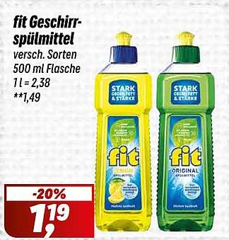 fit Geschirr-spülmittel versch. Sorten 500 ml Flasche 1 l = 2,38 **1,49