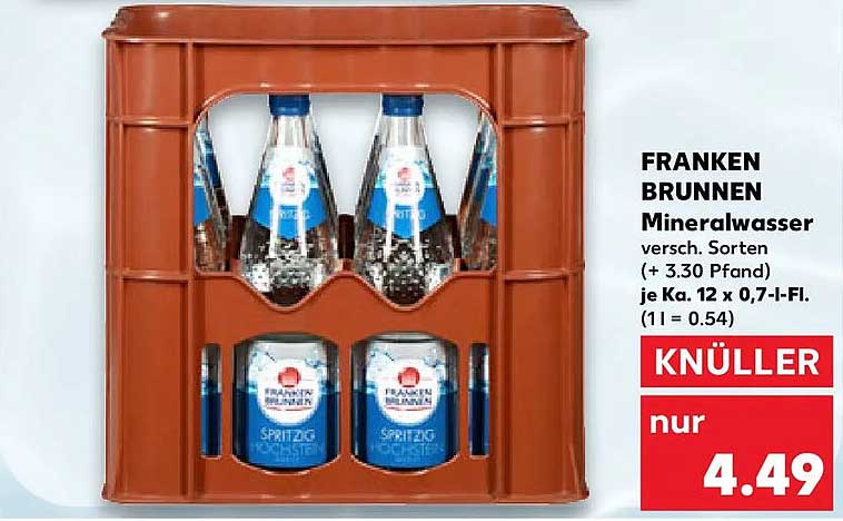 FRANKEN BRUNNEN Mineralwasser versch. Sorten (+ 3.30 Pfand) je Ka. 12 x 0,7-l-Fl. (1 l = 0.54)