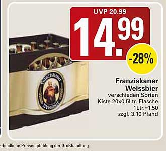 Franziskaner Weissbier verschieden Sorten Kiste 20x0,5Ltr. Flasche 1Ltr.=1.50 zzgl. 3.10 Pfand