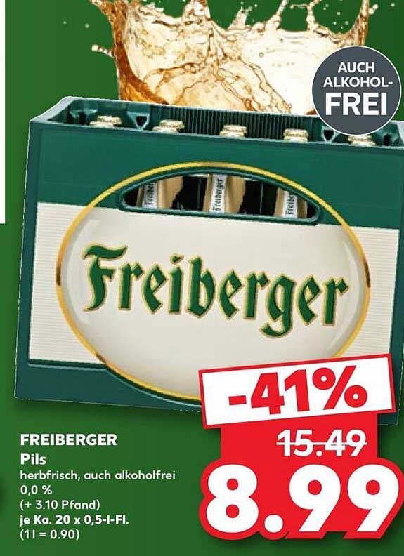 FREIBERGER Pils herbfrisch, auch alkoholfrei 0.0 % (+ 3.10 Pfand) je Kg. 20 x 0,5-l-Fl. (1 l = 0.90)