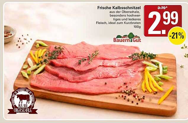 Frische Kalbsschnitzel aus der Oberschale, besonders hochwertiges und leckeres Fleisch, ideal zum Kurzbraten 100g